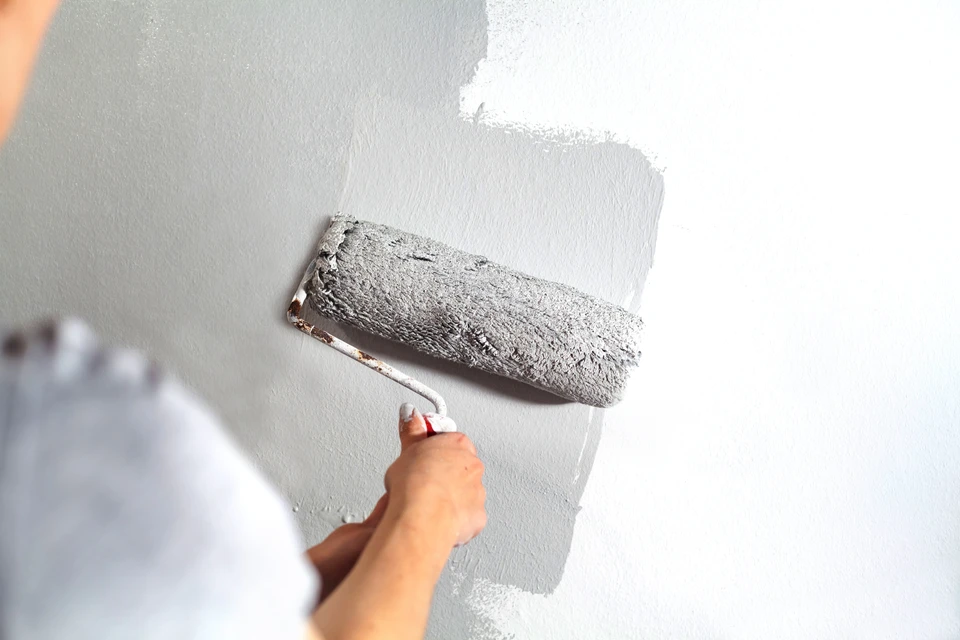 La main humaine avec un grand rouleau de peinture commence à peindre un mur blanc Artisanat maître formation contrastant échantillon de couleur de l'outil d'essai de couleur de rénovation Argent gris artisan