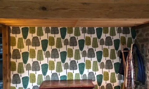 Scène intérieure avec arrangement géométrique de papiers colorés disposés en éventail sur surface blanche