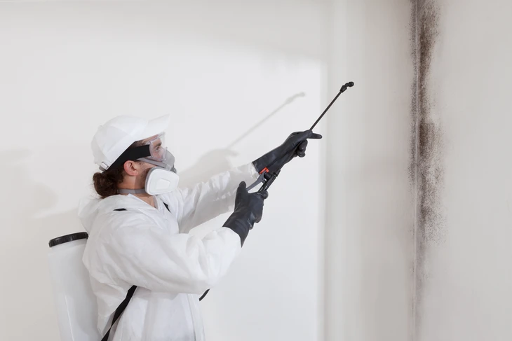 Service d'assainissement des moisissures: Un travailleur professionnel vaporisant des produits pour enlever les moisissures avant de peindre la maison, vêtu d'un costume de protection et d'un masque respiratoire, avec un pulvérisateur de sac à dos sur un site de rénovation