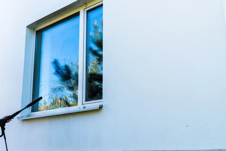 Nettoyage extérieur d'une fenêtre à double vitrage sur façade blanche d'immeuble