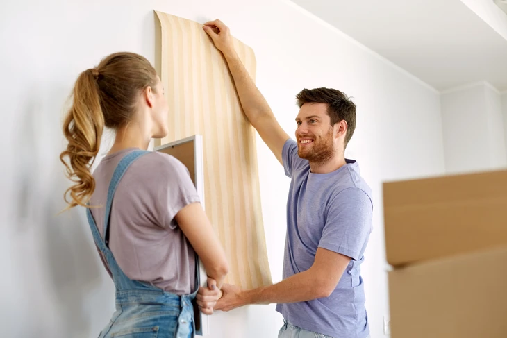Couple installant ensemble un panneau de lambris en bois clair sur un mur intérieur blanc