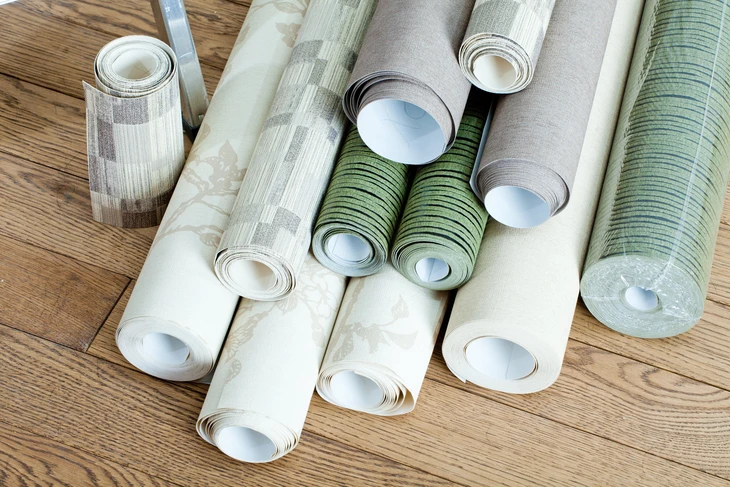 Rouleaux de papier peint décoratif disposés sur parquet en bois