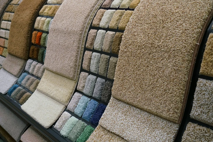 Intérieur d'un magasin de revêtements de sol avec présentoirs muraux et au sol exposant différents échantillons de moquettes et tapis