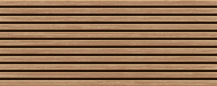 Planches de bois naturel disposées horizontalement avec espaces réguliers entre chaque lame, créant un motif de lamelles parallèles sur toute la surface