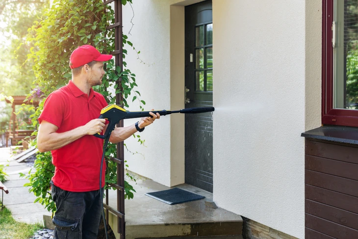 Scène extérieure résidentielle avec professionnel en uniforme rouge effectuant un nettoyage haute pression sur façade de maison