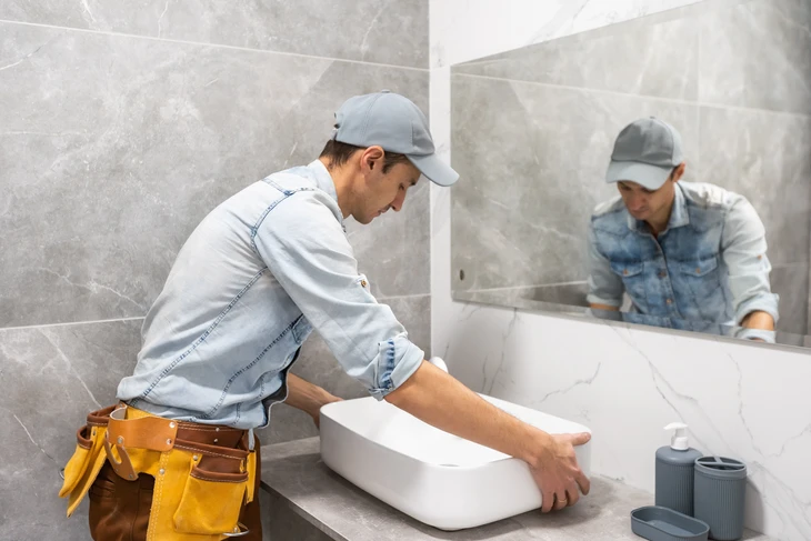 Plombier professionnel installant une baignoire blanche dans salle de bains moderne carrelage gris