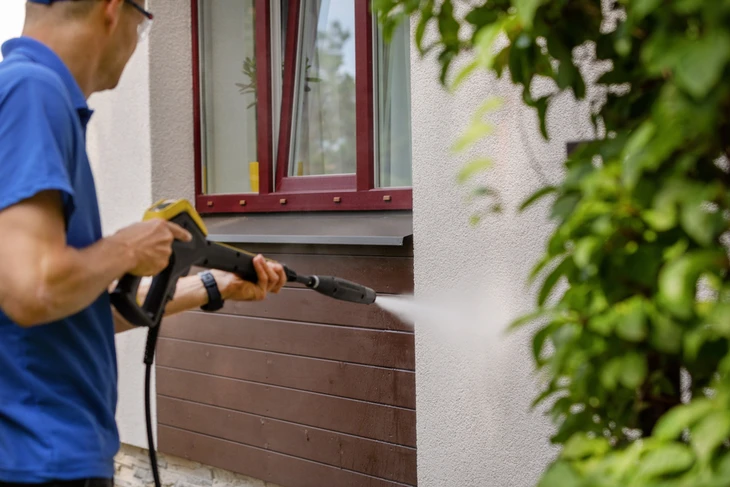 Un homme en tenue bleue utilise un nettoyeur haute pression pour nettoyer la façade d'une maison résidentielle