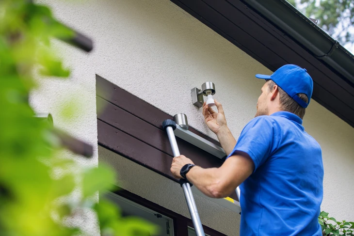 Technicien en uniforme bleu installe une caméra de surveillance extérieure sur façade résidentielle