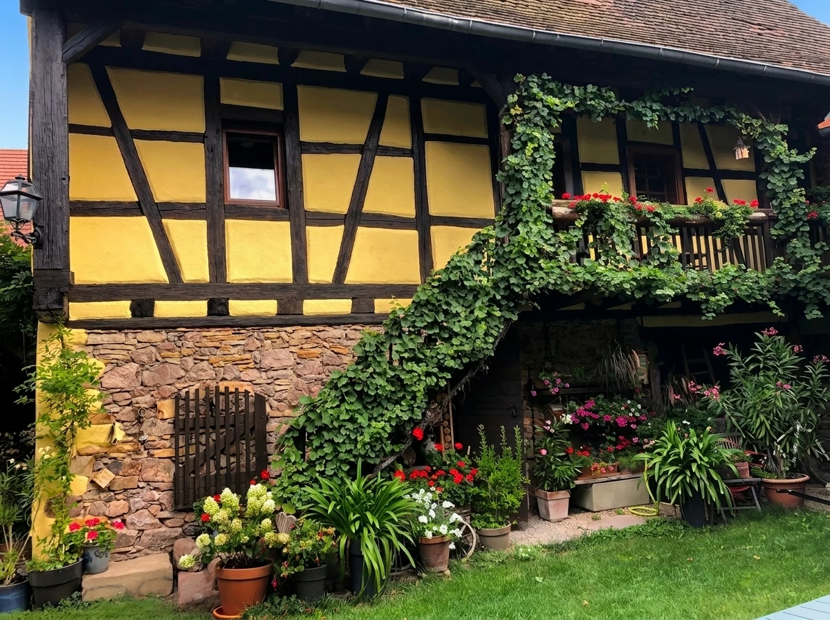 Façade d'une maison traditionnelle à colombages avec toiture en tuiles terre cuite et cheminée blanche